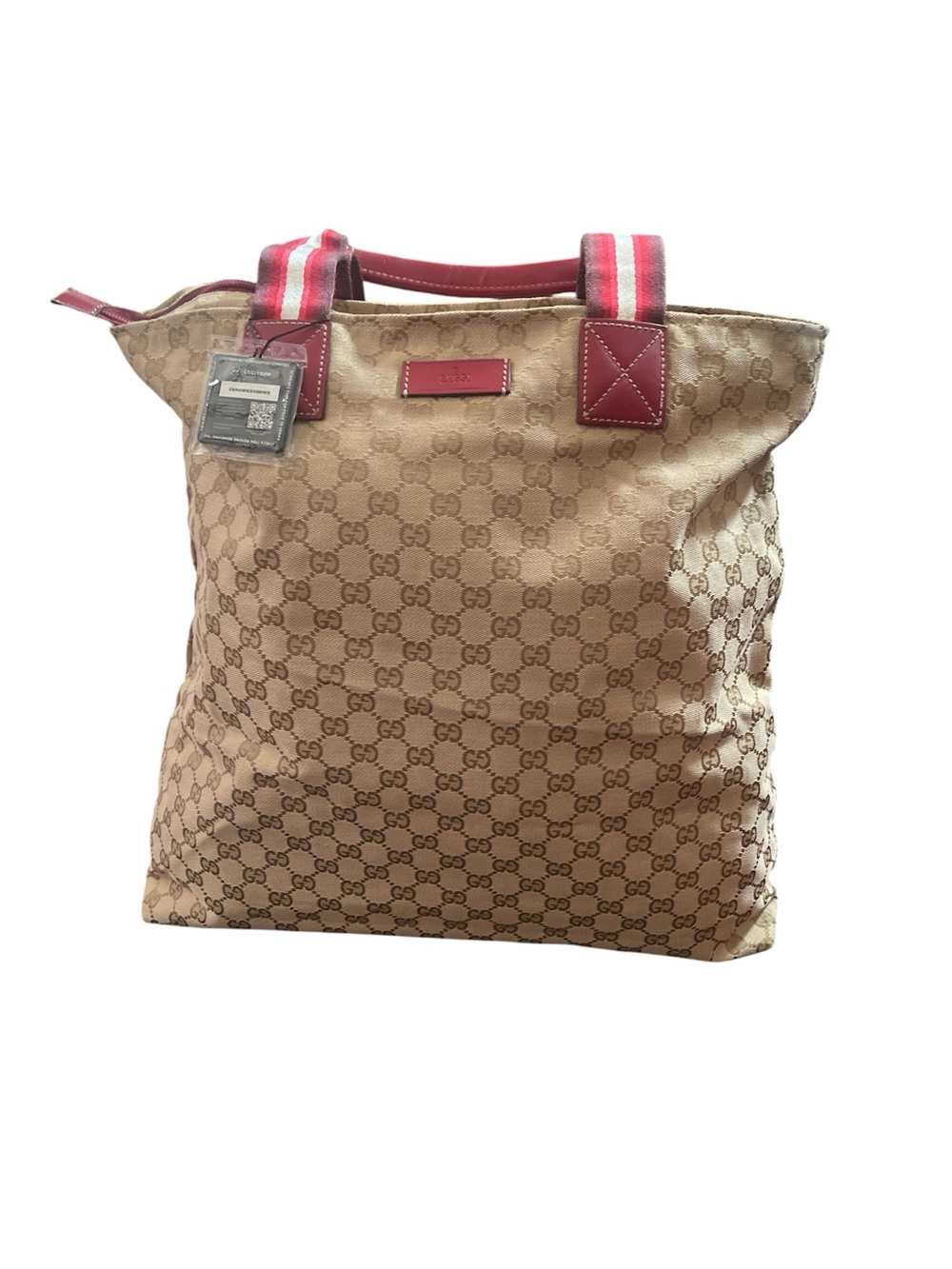 Gucci Beige GG Canvas Tote with Red Trimmed Handles